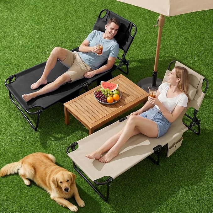 3-in-1 Sun Tanning Chair with Face Holes, Folding Chaise Lounge Chairs, 5-Position Adjustable Lounge Chair Outdoor with 2 Side Pocket & Pillow, for Pool Beach, Patio, Camping, Black