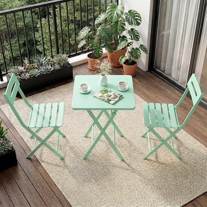 GarveeLife 3 Piece Outdoor Bistro Set, All Metal Patio Table and Chairs Set, Round Tube Iron Bistro Furniture Set for Balcony Porch Garden Cafe, Weather Resistant
