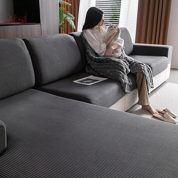 OHSIO Sectional Couch Covers, Wear Resistant Stretch Sofa Covers Washable Soft Couch Cushion Covers Anti Slip Furniture Protector Sofa Slipcovers for Pets (1 Piece Oversized Sofa Cushion, Dark Gray)