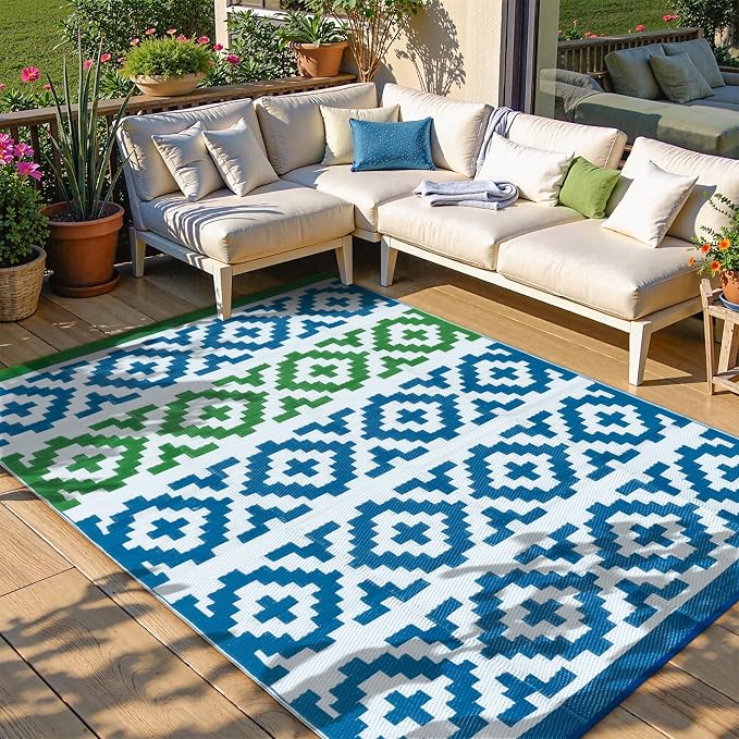 Anidaroel Camping Rug for Outside RV, 8x10 Waterproof Outdoor Rug for Patio Clearance, Reversible Plastic Straw Outside Area Rug for Deck, Camper, Backyard, Picnic(Blue&Green, 8‘x10')