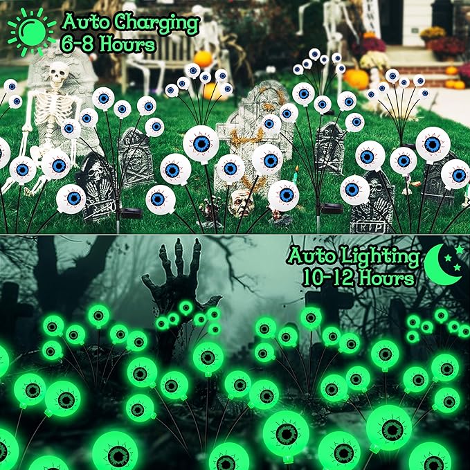 Kohlrabi Halloween Decorations Outdoor, 4 Pack 24 LED Solar Scary Eyeball Swaying Lights, Green Solar Firefly Lights Waterproof Outdoor Garden Light for Halloween Yard Garden Lawn Party Flower Bed