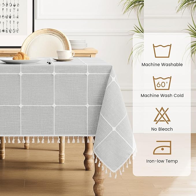 puredown® Plaid Rectangle Tablecloth, Waterproof Cotton Linen Tablecloth with Tassel, Rustic Farmhouse Table Cloths for Kitchen Dining Outdoor, 55"x102",8-10 Seats, Gray