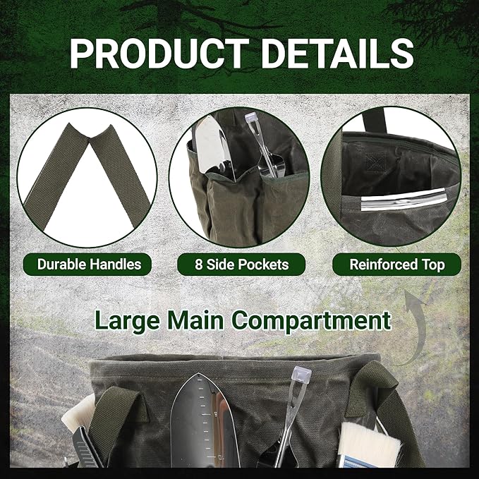 Heavy Duty Self-Standing Tool Bag with 8 Pockets, 8-Gallon Manually Collapsible for Garden/Camping/Car Trunk Storage | ArmyGreen
