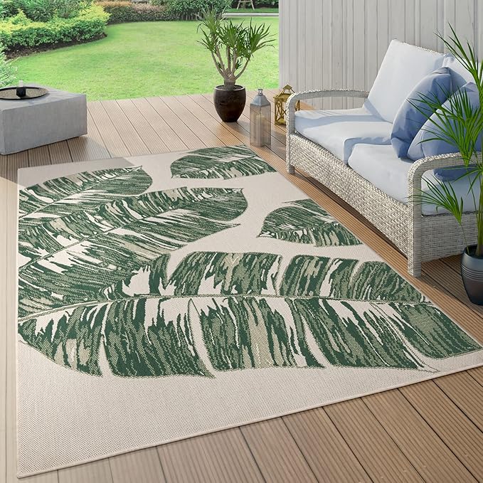 Tropical Outdoor Rug Jungle Leaves Design for Patio in Green Beige, Size: 2'8" x 4'11"
