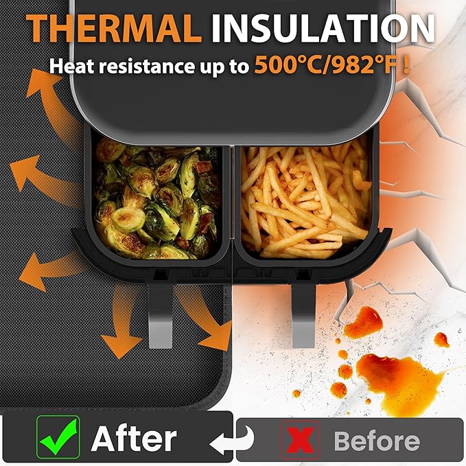 Heat Resistant Mat for Air Fryer Site - 31.5 x 17.7in, Fireproof Silicone Mats for Kitchen Counter, Countertop Protector, Non-slip & Waterproof for Deep Fryer, Oven, Coffee machine (Black)