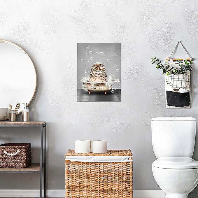 Funny Owl Bathroom Wall Art - Farmhouse Animal Owl In Bathtub Pictures Canvas Prints Painting Artwork Home Decorations Framed 16"x20"