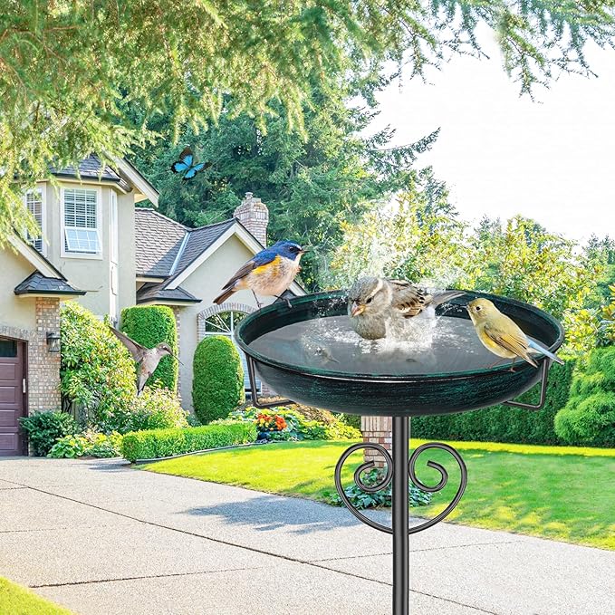 Metal Bird Bath for Outdoor, Garden Freestanding Birdbaths & Birdfeeders with Removable Bird Baths Feeder Bowl with 5 Prong Base Stake for Outside Garden Patio Yard Lawn Decor (Vintage Green)