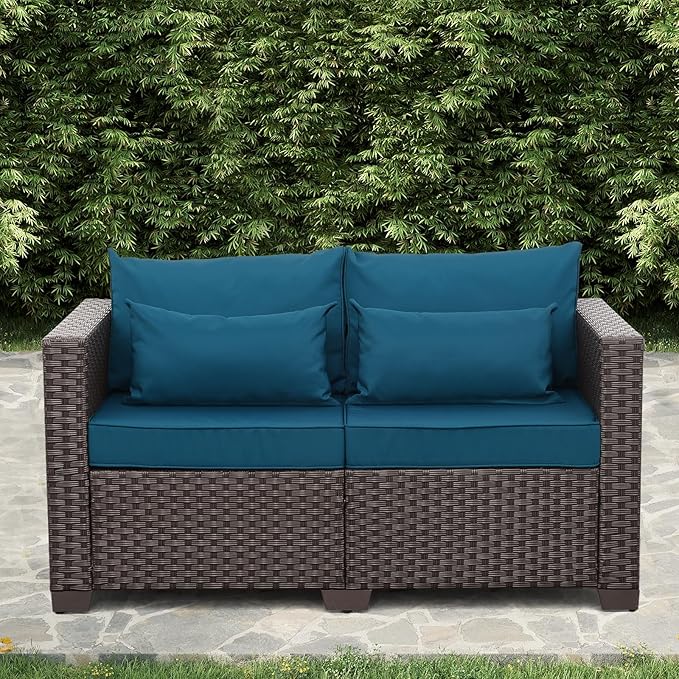 Rattaner Outdoor Furniture Loveseat Sofa Patio Furniture Small Sofa 2 Seater Couch with Anti-Slip Cushions Lumbar Pillow and Waterproof Cover, Peacock Blue