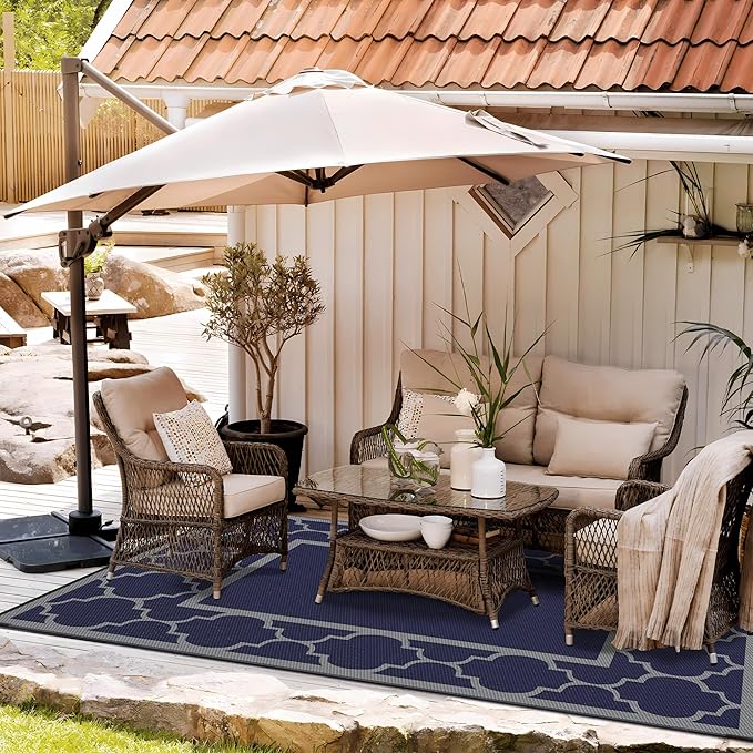 GENIMO Outdoor Rug 9' x 12' Patio Waterproof, Foldable Reversible Plastic Straw Area Rugs Mat for Camper Decor, Outside Carpet for Rv, Deck, Porch, Picnic, Beach, Balcony, Blue & Grey