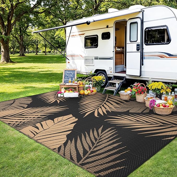 Outdoor Rug 6’x9’ Waterproof for Patio Clearance, Reversible Indoor Outdoor Plastic Straw Camping Rug Carpet, RV Mat, Large Area Rug for Deck, Backyard, Balcony, Porch, Beach, Black & Brown