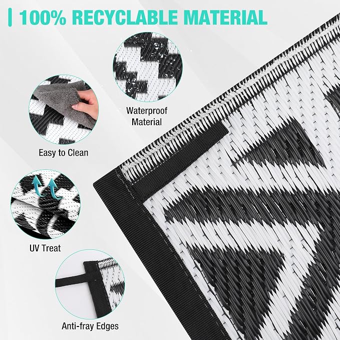 HAUSHOF 5'X8' Outdoor Rug Waterproof, Black&White | Camping, Beach, Deck, Porch, Balcony