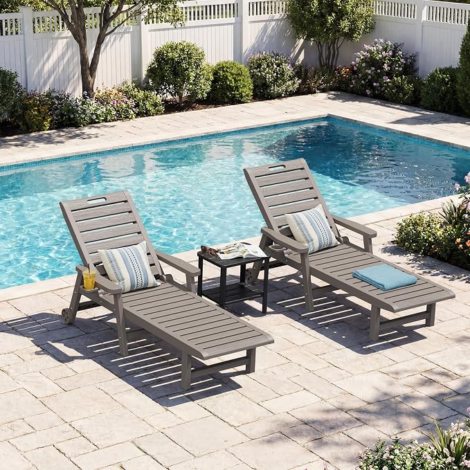 Patio Lounge Chairs Set of 2, Outdoor Chaise Lounge with Cup Holder | 5-Position Reclining, Easy-Glide Lockable Wheels, Built-In Cup Holder with Armrests, Patio Garden, Beach Pool-Side, Rust-Free