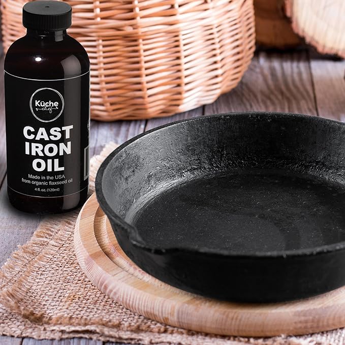 Organic Cast Iron Oil & Cast Iron Conditioner – Made from Flaxseed Oil grown and pressed in the USA – Creates a Non-Stick Seasoning on All Cast Iron Cookware (240ml)