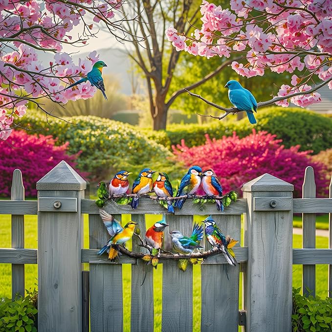 Meduofon Metal Birds Outdoor Wall Art Decor, Vivid Bird on Branch Hanging Leaves Metal Hummingbird Decor Suitable for Porch Fence Garden Outdoor Indoor Wall Decorations (2 Pack Birds Colorful)