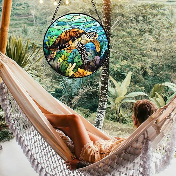Stained Glass Window Hanging - Cute Sea Turtle Suncatcher for Door Garden Yard Blue Ocean Sun Catchers Decor Christmas Mother's Day Birthday Children's Gifts for Women Mom Nana Friend 9.8 in