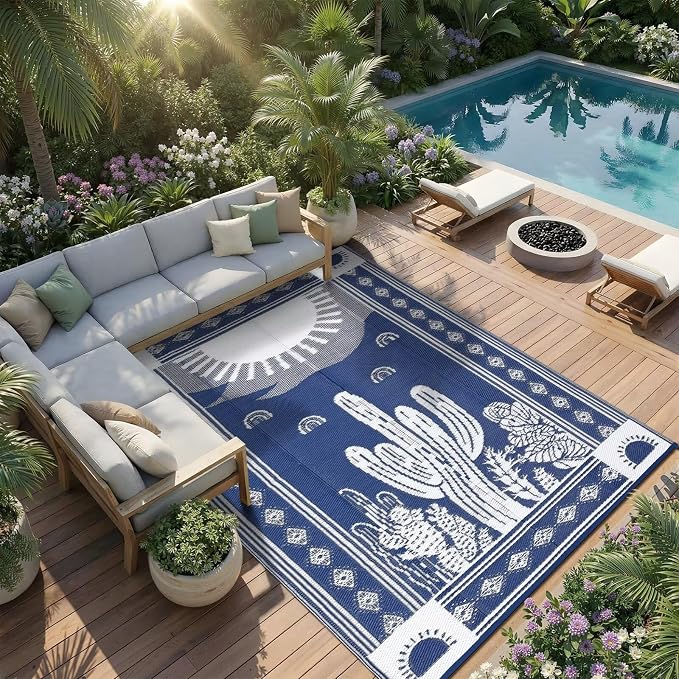 Garvee Waterproof Outdoor Rug 5x8, Cactus Botanical Outdoor Plastic Straw Rug for Camping, Reversible RV Mat Outside, Indoor Outdoor Carpet for Porch, Deck, Backyard, Balcony, Picnic, Navy & White