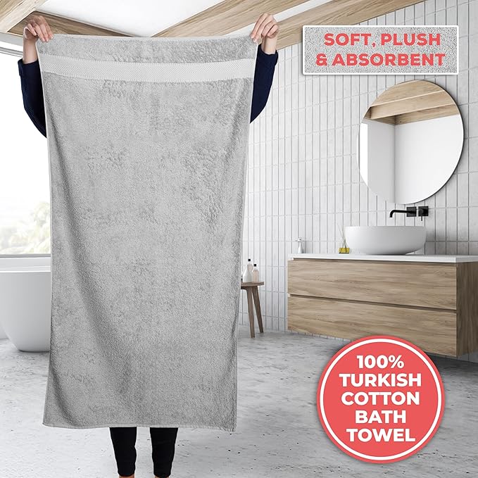 TEXTILOM 100% Turkish Cotton 2 Pcs Bath Towel Set, Luxury Bath Towels for Bathroom, Soft & Absorbent Hotel Quality Bathroom Towels Set (27 x 54 inches)- Light Grey