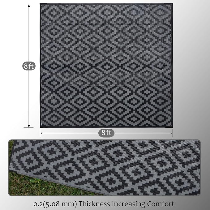 SAND MINE Waterproof Outdoor Rug, Plastic Reversible Rug, Modern Area Rug, Large Floor Mat for Outdoors, RV, Patio, Backyard, Deck, Picnic, Beach, Camping (8' x 8', Black Grey Lattice)