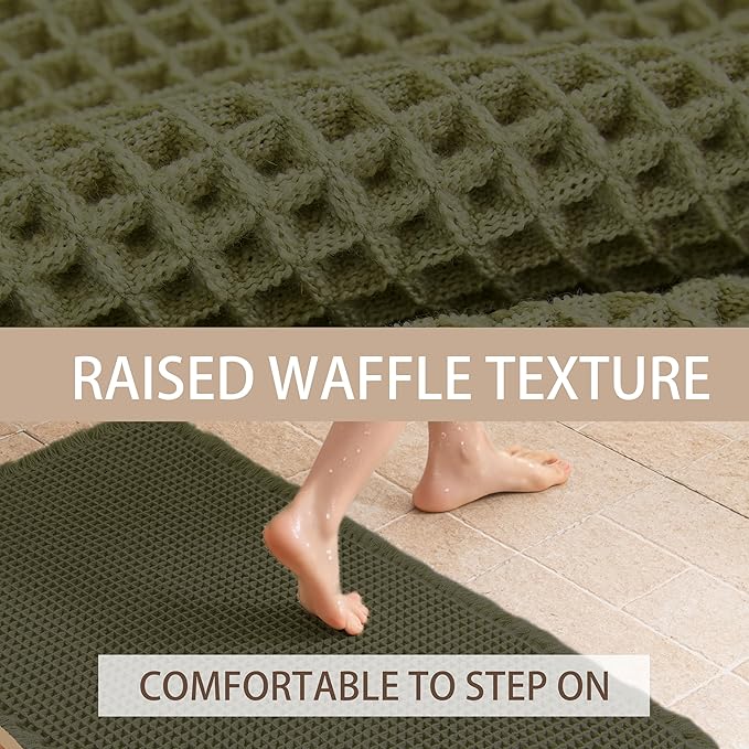 Waffle Runner Rug Non Slip, Boho Bath Mat, Super Absorbent Quick Dry Long Bath Runner Bathroom, Soft Farmhouse Bath Rug with Tassels, Washable Shower Mats for Floor 24"x72", Square Olive Green