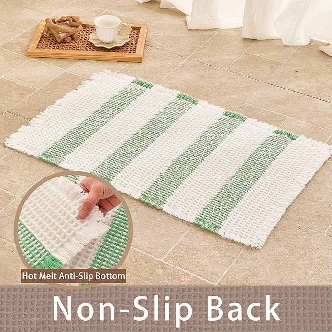 Waffle Bath Mat Non Slip, Boho Bathroom Rug, Super Absorbent Quick Dry Bathroom Mat, Soft Farmhouse Bath Rug with Tassels, Small Washable Shower Mats for Floor 16"x24", White and Green