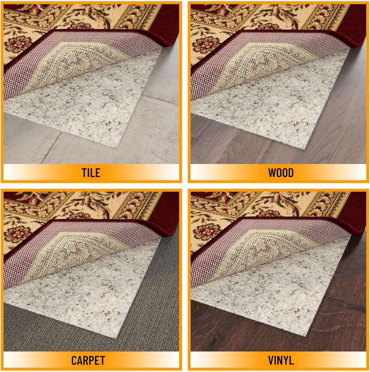 Ottomanson 6' x 7'8" Non-Slip Rug Pad Gripper 1/12 Inch Ultra Thin Dual Surface Felt + Rubber Gripper - Safe for All Floors, Cream