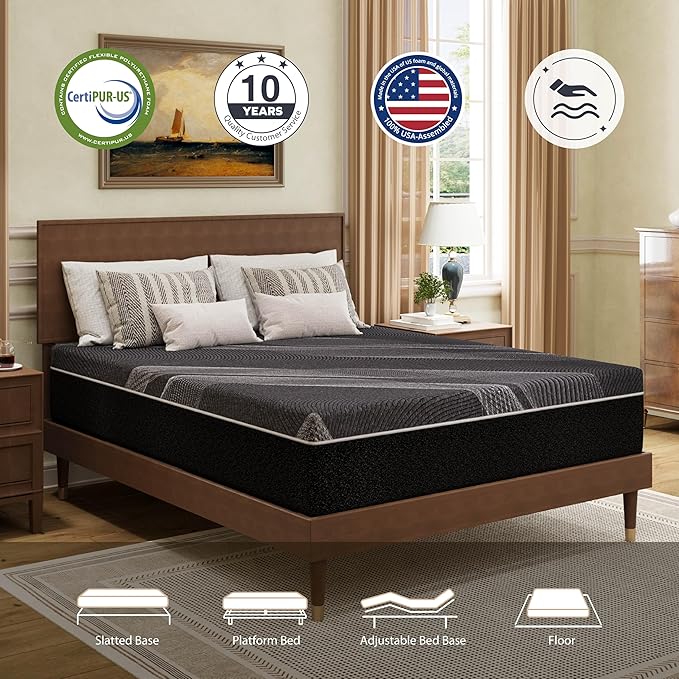 Queen Mattress 12 Inch Charcoal Memory Foam in a Box, CertiPUR-US Certified, Fiberglass Free, Gel Double Mattress, Made in The USA of US Foam, 80" × 60" × 12", Medium