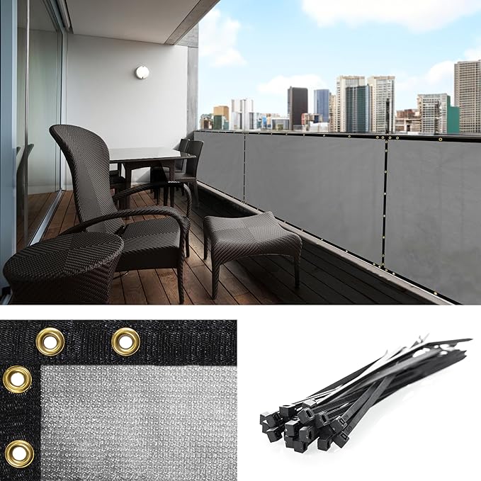 Amgo Custom Made 3' x 172' Grey Balcony Privacy Screen, Apartment Porch Railing Patio Fence Windscreen Fabric Cloth, Heavy Duty, Commercial and Residential, 90% Blockage (We Customize)
