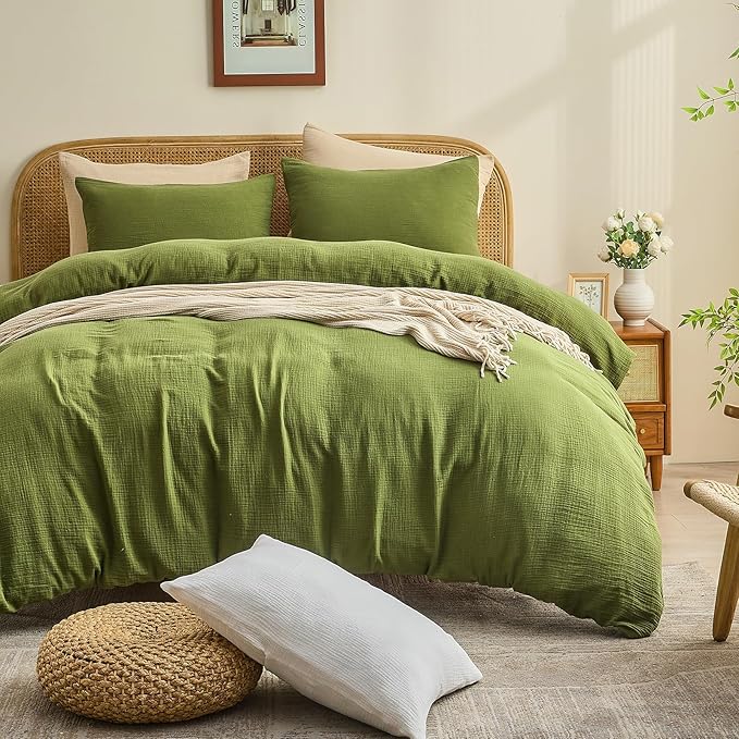 MEISHANG Muslin Duvet Cover King Size - 100% Organic Cotton, Soft Textured Gauze Weave Comforter Cover for Breathable All-Season with Zipper Closure - 3 Piece Set (King, Forest Green)