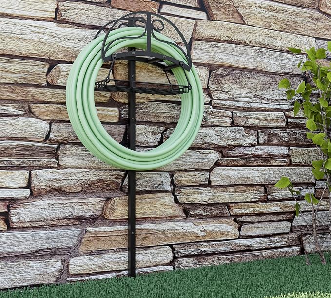 Freestanding Garden Hose Organizer with Storage Basket - Heavy-Duty Black Powder-Coated Hose Stand, Detachable Design Holds 150FT Hose, Includes Wrench & Screwdriver for Easy Assembly