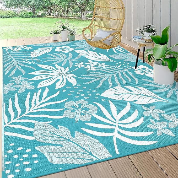 Pauwer Waterproof Outdoor Rug 9x12, Reversible Plastic Straw Patio Camping Rug, Indoor Outdoor RV Mat Carpet for Deck, Camper, Porch, Balcony, Backyard, Picnic, Floral Teal