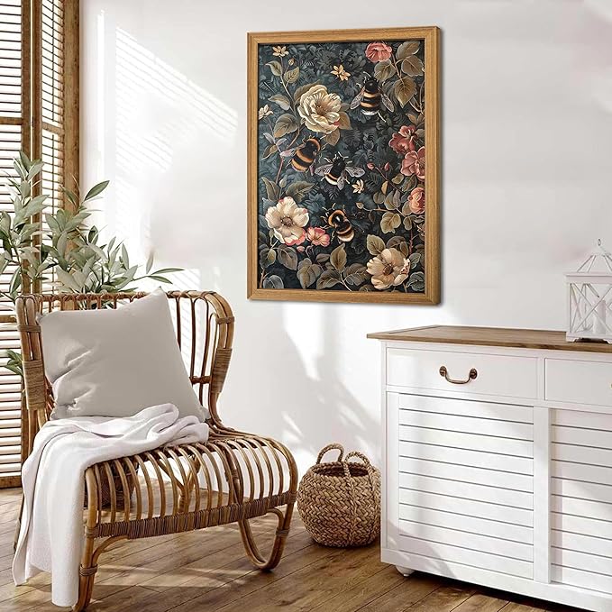 Framed 3D Textured Vintage Wall Art - Dark Academia Bumble Bee Hand Drawn Sandstone Paintings with Botanical Florals, Aesthetic Wall Decor for Living Room Bedroom Home 24x36 inch