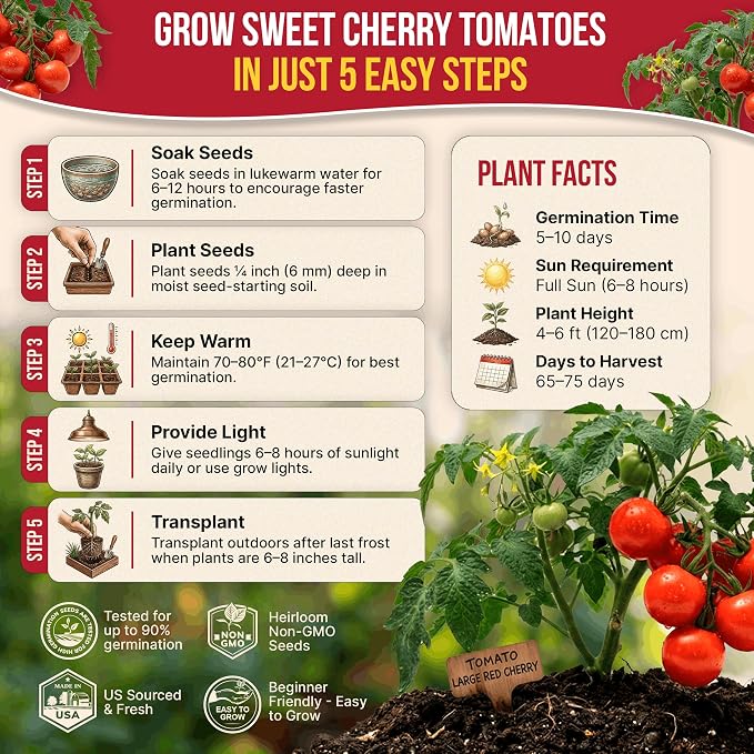 Tomato Large Cherry Seeds Pack 0.8 G - Over 300 of Non-GMO Heirloom Tomato Seeds for Planting Vegetables in Individual Seed Packet, Vegetable Seeds for Planting Home Garden Indoor & Outdoor Gardening