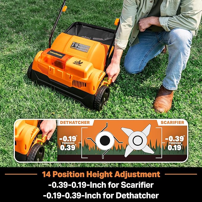 LawnMaster 48V MAX Brushless 16” 2-in-1 Cordless Dethatcher and Scarifier with Removable Thatch Collection Bag Quick-Fold – CLGVB4816