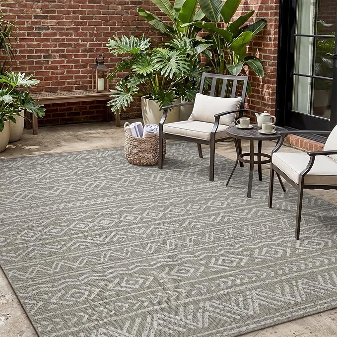 MontVoo-Outdoor Rug-Patio Rug 4x6 Polypropylene Indoor Outdoor Rugs Outdoor Carpet for Patio Deck Balcony Porch, Textured Weave, Durable for High Traffic, Fade-Resistant, Boho Farmhouse Silver Grey