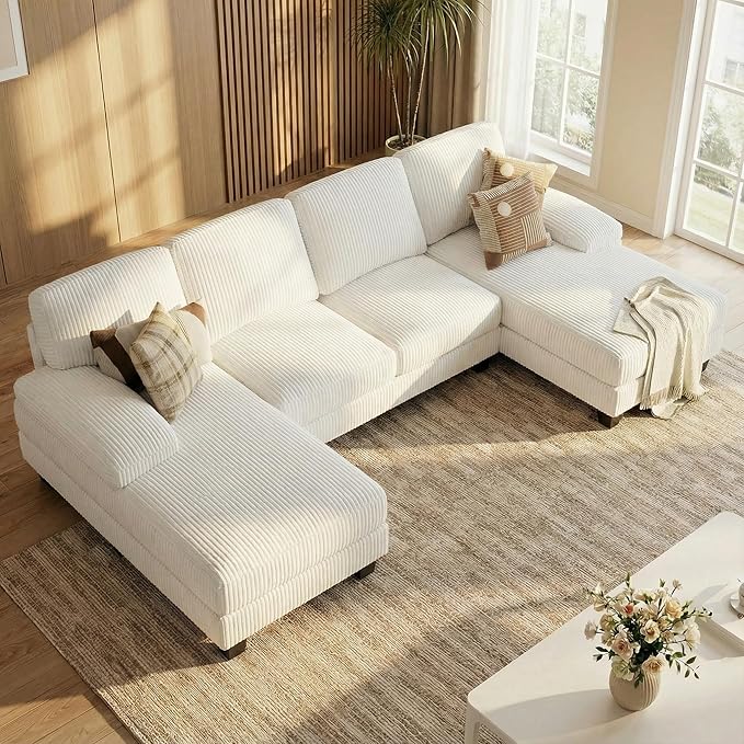 Homall Modular Sectional U Shaped Sofa Couches for Living Room, Comfy Chenille 4 Seat Sofa Set with Removable Pillows, Lounge Chaise Upholstered Couch for Apartment (Corduroy, Beige)