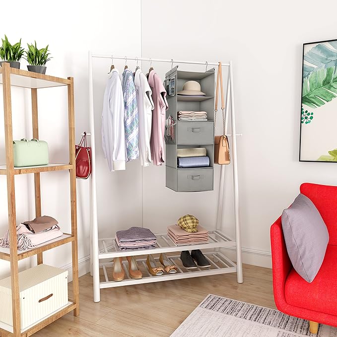 MAX Houser 5 Tier Shelf Hanging Closet Organizer, Cloth Hanging Shelf with 2 Sturdy Hooks for Storage, Foldable (Light Grey-D2)