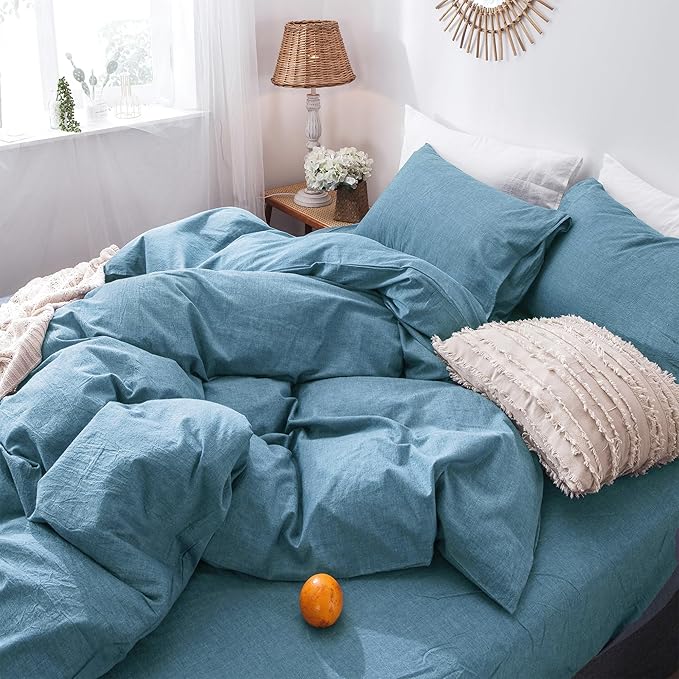 MooMee Bedding Duvet Cover Set 100% Washed Cotton Linen Like Textured Breathable Durable Soft Comfy (Heathered Peacock Blue, Super King 108"x98")