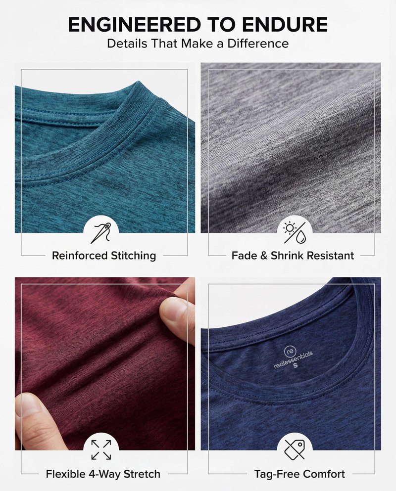 Real Essentials 5 Pack: Men's Dry-Fit Short Sleeve Crew Neck T Shirts Fitness Running Gym Workout Cool Exercise Athletic Tee, Set 5, Medium
