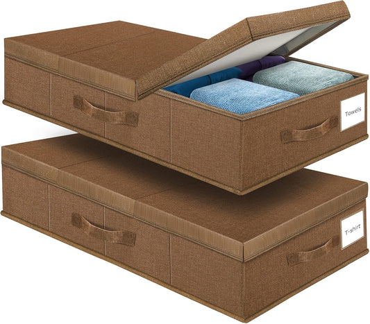 Underbed Storage Containers Bin with Lids (2pcs) Large Under Bed Storage Organizer Box with Handle, Foldable Under the Storage Bags for Organizing Clothes, Shoes, Blankets, Pillows-Dark brown