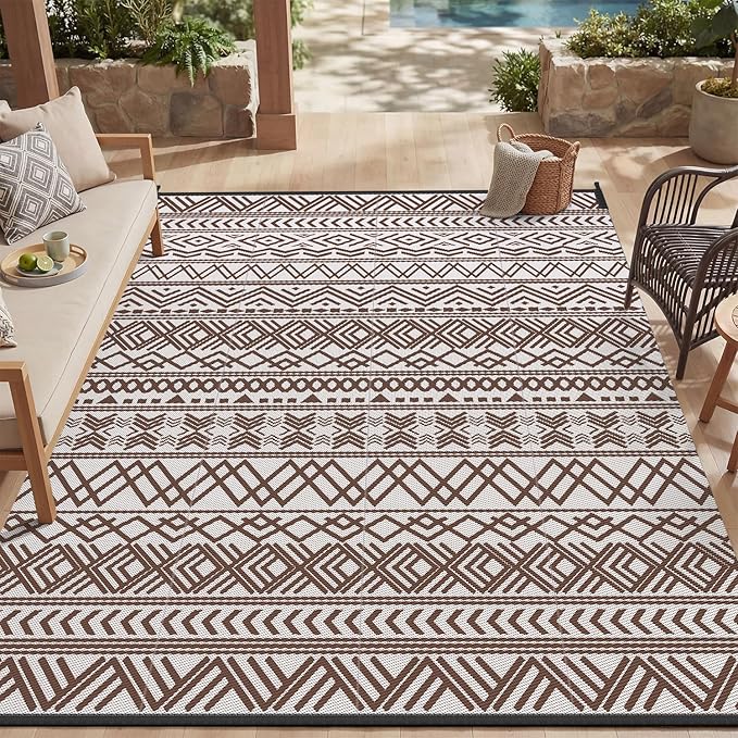 MontVoo-Outdoor Rug Carpet Waterproof 6x9 ft Reversible Patio Rug RV Camping Rug-Plastic Straw Rug Outside Indoor Outdoor Area Rug for Patio Deck Balcony Picnic Beach Outdoor Decor Boho Beige Brown