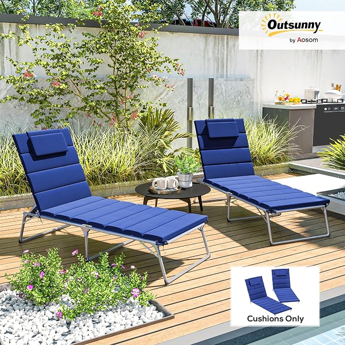 Outsunny Outdoor Lounge Chair Cushion Set of 2, 80" x 26" UPF50+ 230gsm Olefin and 25D High-Density Foam, Foldable Patio Chaise Lounge Cushion Set, Fade Resistant for Lawn Pool, Dark Blue
