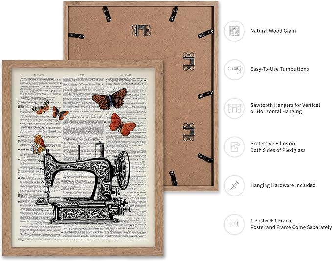 Poster Master Dictionary Art Poster - Sewing Machine Print - Sewing Art - Butterfly Art - Gift for Men, Women & Dressmaker - Chic Decor for Living Room, Bedroom or Office, 16x20 Beige Framed