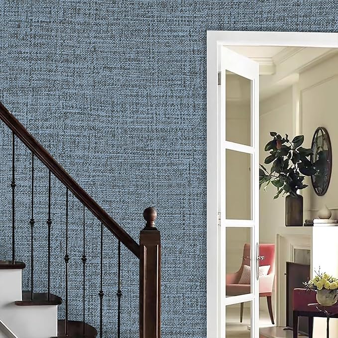 Blue Gray Grasscloth Peel and Stick Wallpaper 17.3"x1200" Faux Linen Textured