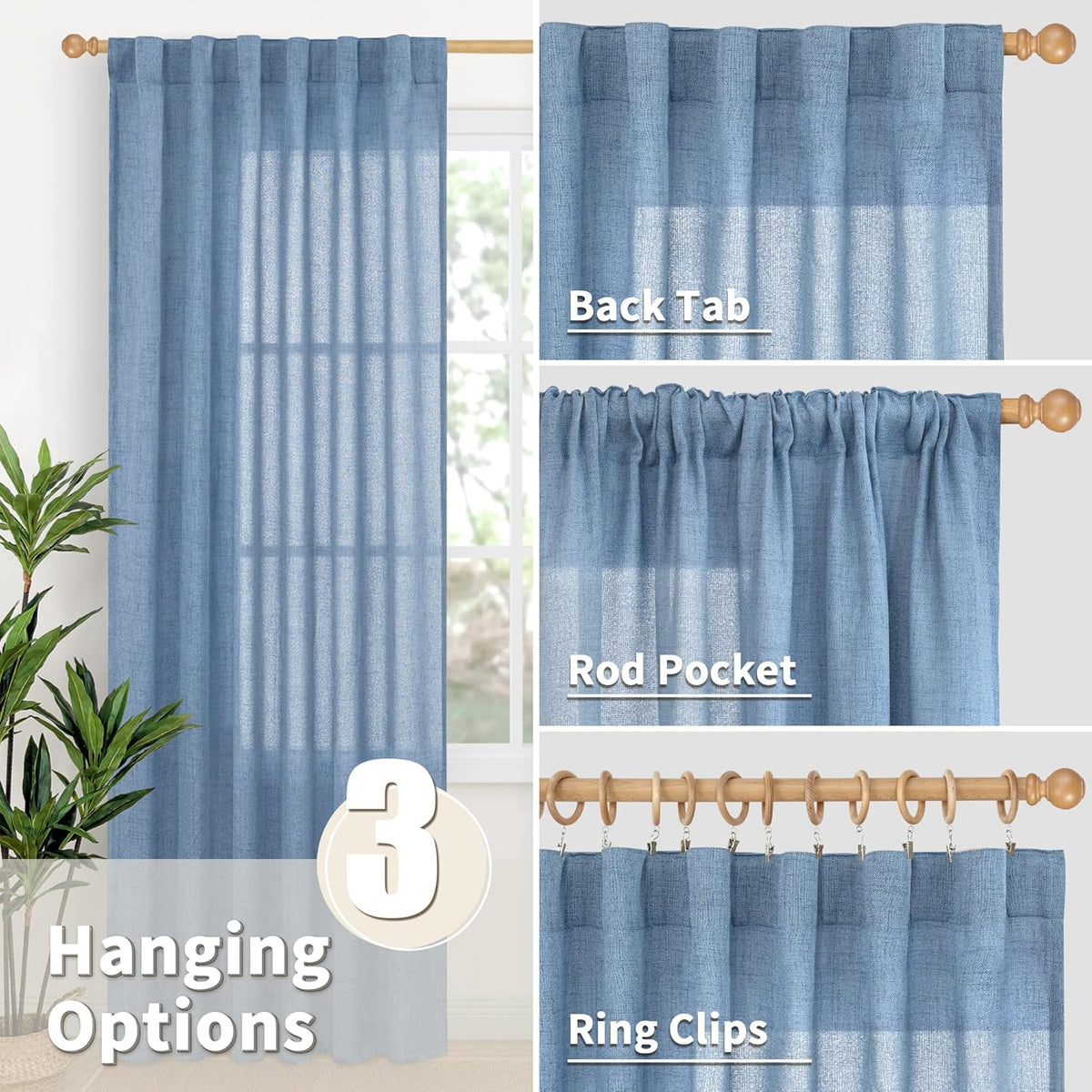 YoungsTex Denim Blue Linen Curtains 48 Inch Length for Short Kitchen Window, Semi Sheer Drapes Light Filtering with Rod Pocket Back Tab for Bathroom Living Room, 2 Panels, 42 X 48 Inch