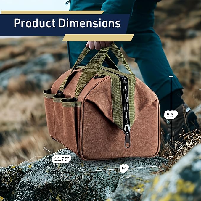 Waxed Canvas Tool Bag - 11.75” Heavy Duty Canvas Tote Bag Garden Caddy for Gardening Supplies or Tools with Wide Mouth 3 Interior and 3 Exterior Pockets - Gardening Gifts Men by Kings County Tools