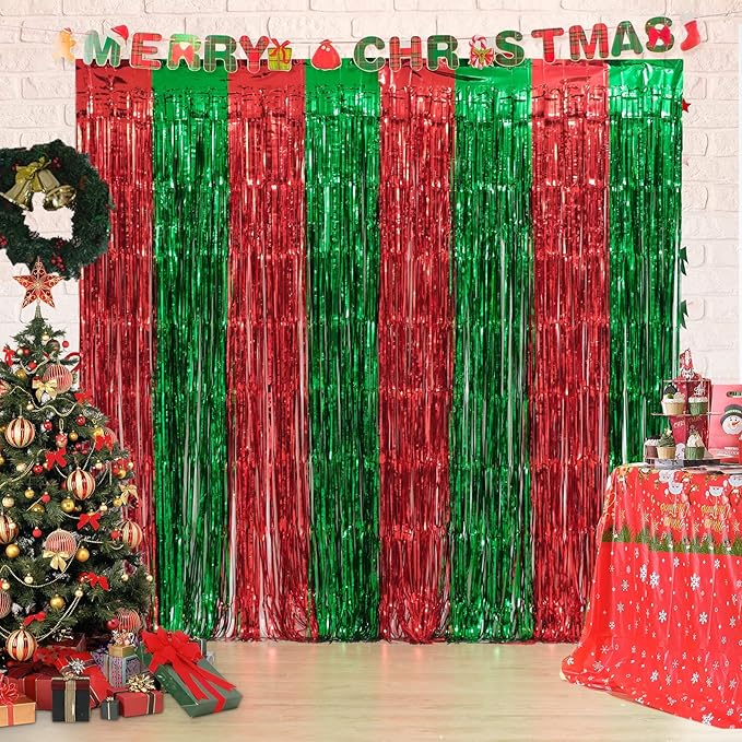 3 Pack Christmas Party Decorations, Red and Green Tinsel Foil Fringe Curtains,Ugly Sweater theme Photo Booth Prop Streamer Backdrop decor Indoor outdoor Party Supplies for Happy New Year party
