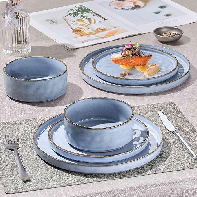 Herogo 12 Pieces Dinnerware Sets for 4, Ceramic Serving Dishes Sets, Stoneware Plates and Bowls for Kitchen Dinning, Dishwasher & Microwave Safe, Haze Blue