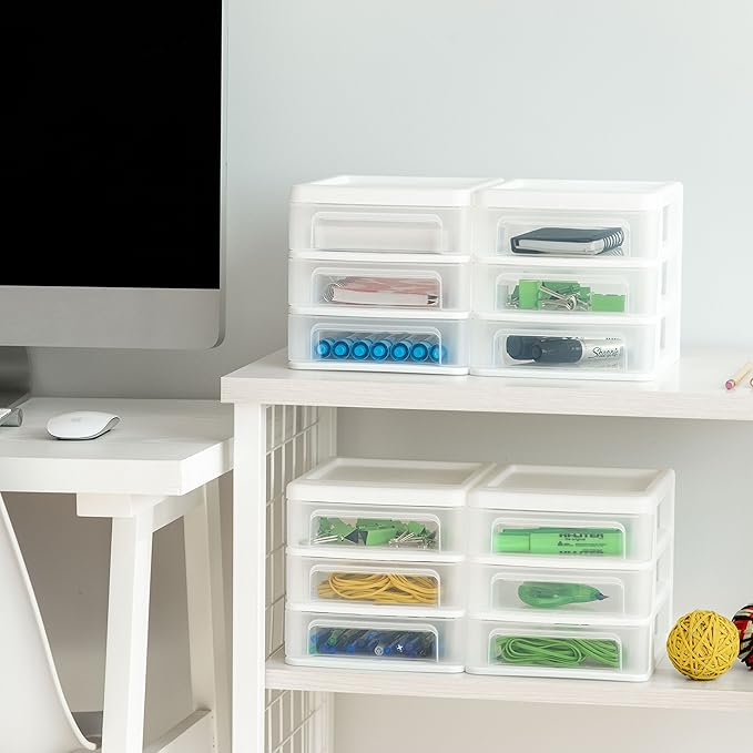 IRIS USA Plastic Stacking Desk Top 3-Drawer Storage Organizer, 4-Pack, for Makep Vanity Nail Polish Bathroom Stationery Art Craft Supplies Kitchen Office Garage and Small Organization, Small, White