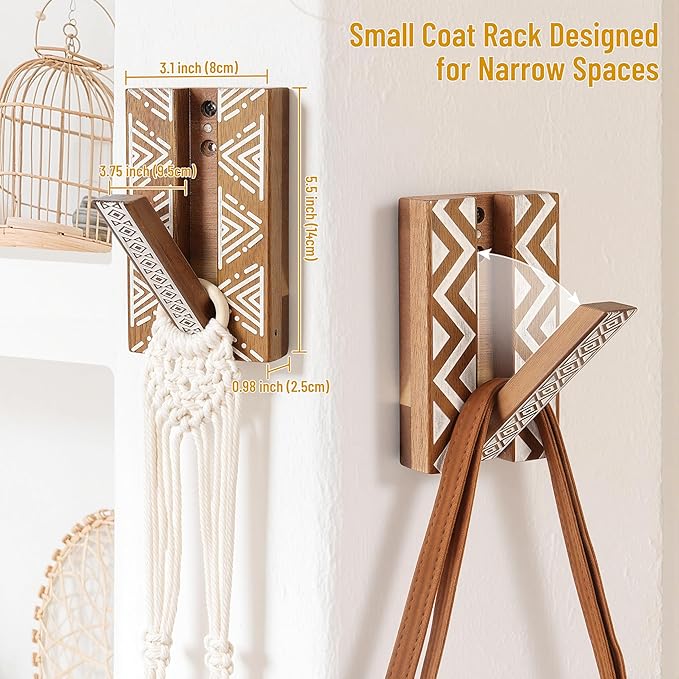 Boho Foldable Wall Hooks: Decorative Wooden Coat Hooks 2Pack Mounted