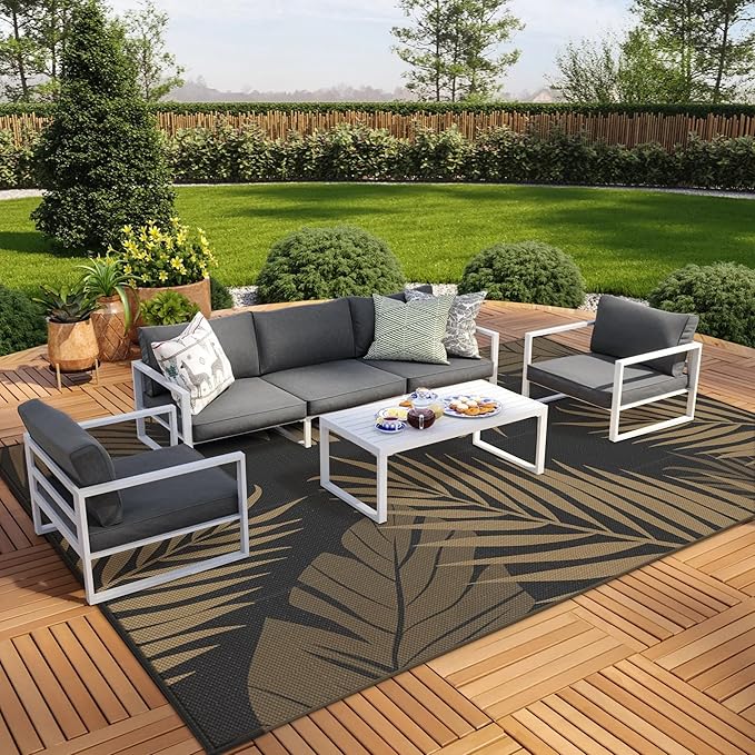 GENIMO Outdoor Rug 10' x 14' Waterproof for Patios Clearance, Reversible Outdoor Plastic Straw Camping Rug Carpet, Large Area Rugs Mats for RV, Camper, Deck, Balcony, Porch, Beach, Picnic, Black&Brown